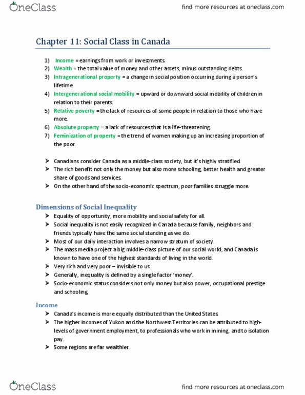 SOCI 2510 Chapter Notes - Chapter 11 - Social Class in Canada: Social Stratification, Social Inequality, Working Poor thumbnail